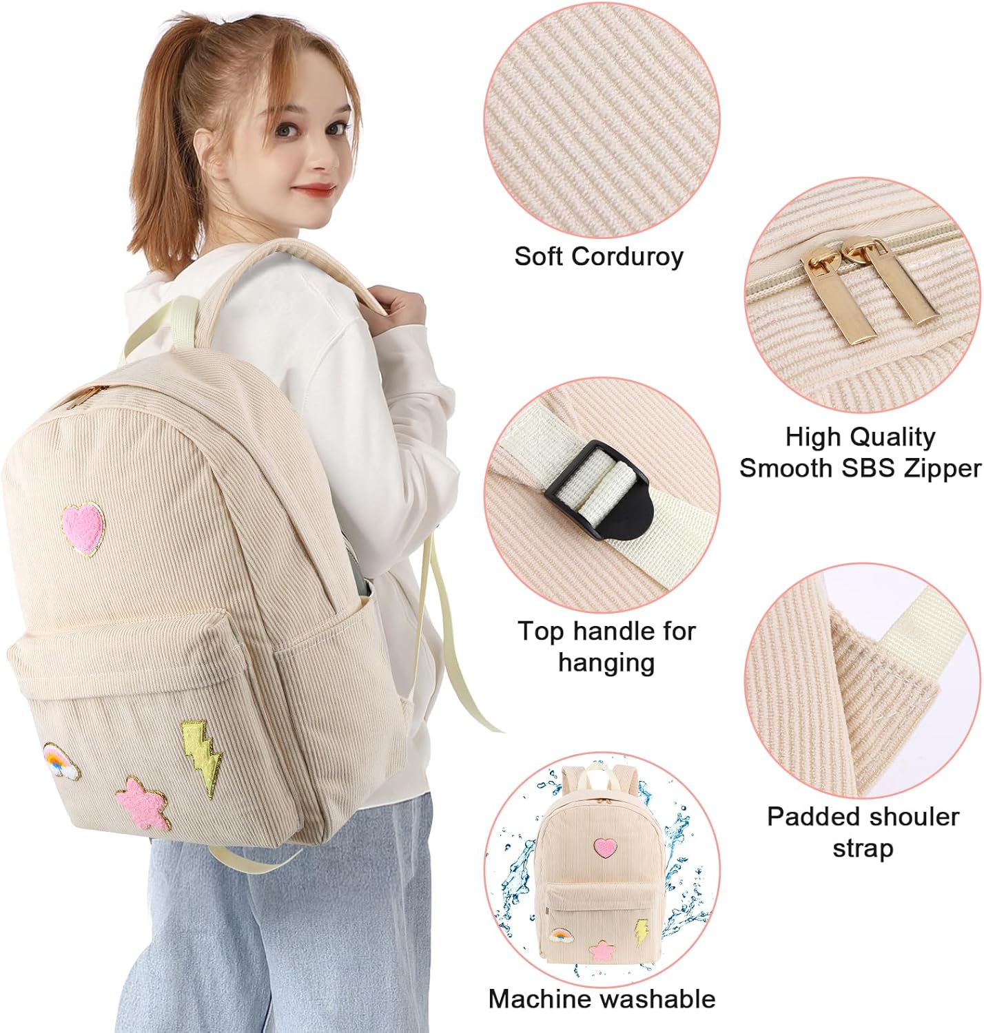 Kolewo4ever 3 Pieces Corduroy School Backpack Set Preppy Book Corduroy Chenille Letter Bookbag with Lunch Bag and Pencil Pouch for Teen Girls Women Laptop Backpack College Bookbags - Image 4