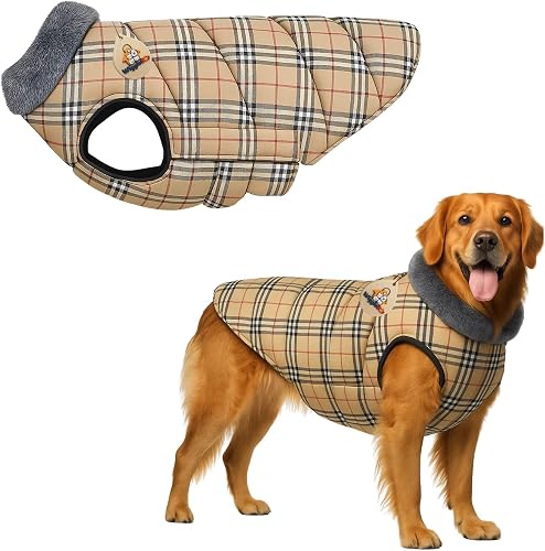 Printed Dog Winter Coat with Fur Collar | Cold Weather Warm Windproof Print Jacket | Softr Fabric, Zipper, Adjustable & Leash Hole | Cozy Dog Clothing (Type 6, 4XLarge - 26inch)