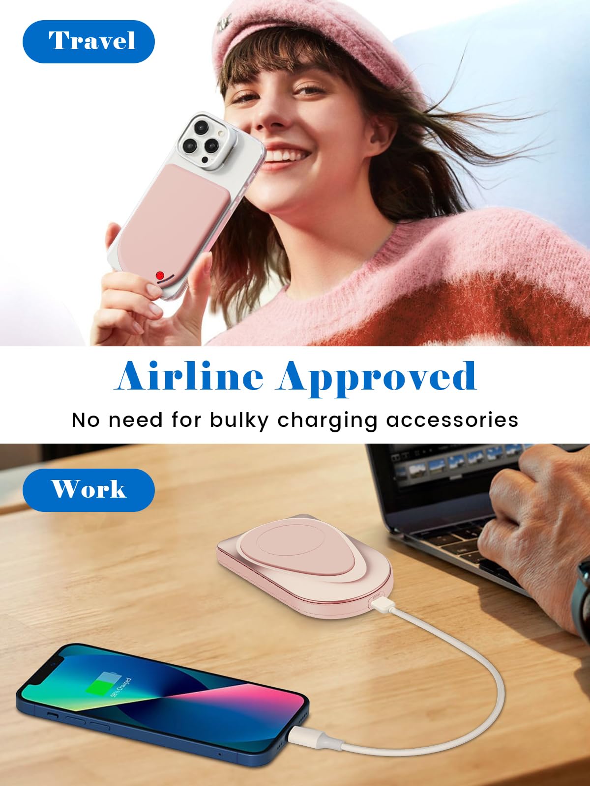 Cargador portátil magnético, cable USB-C inalámbrico de 10000 mAh, batería compatible con Magsafe, batería externa para iPhone 17/16/15/14/13/12, Android (rosa)