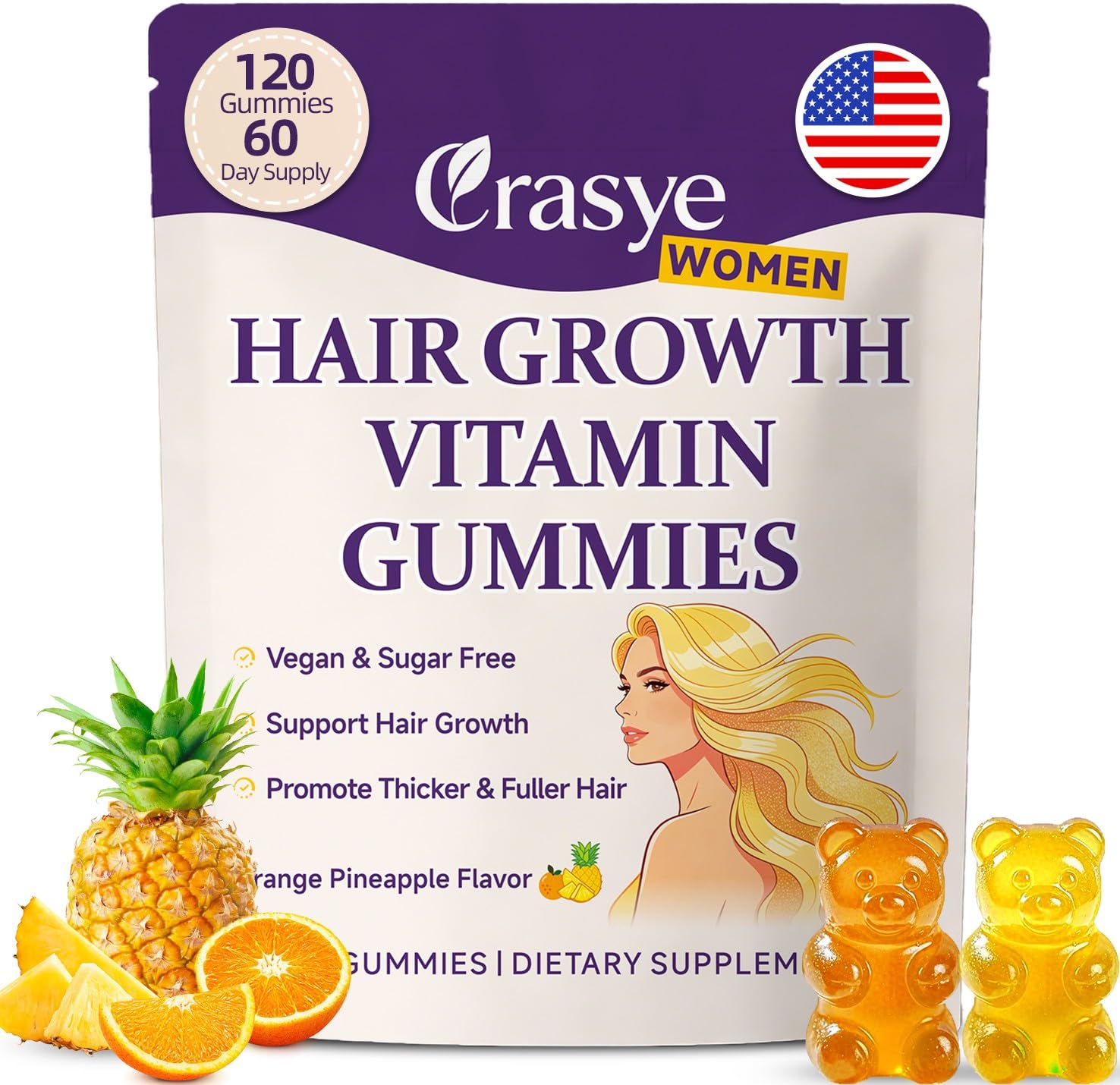 Hair Growth Vitamin Gummies for Women Sugar Free Hair Growth Supplement Vegan Hair Skin and Nails Gummies with Biotin Collagen and Keratin Pineapple and Orange Flavor 120 Count