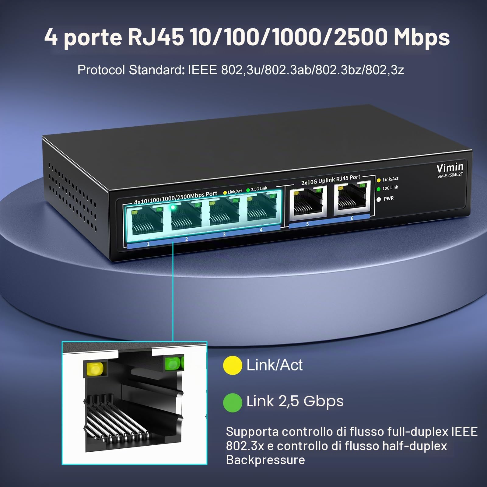 Switch Ethernet non gestito da 10 Gb con 4 porte Base-T da 2,5 G, 2 porte RJ45, switch di rete Base-T da 2,5 Gb, capacità di 60 Gbps, switch multiGigabit per desktop/montaggio a parete per NAS, PC