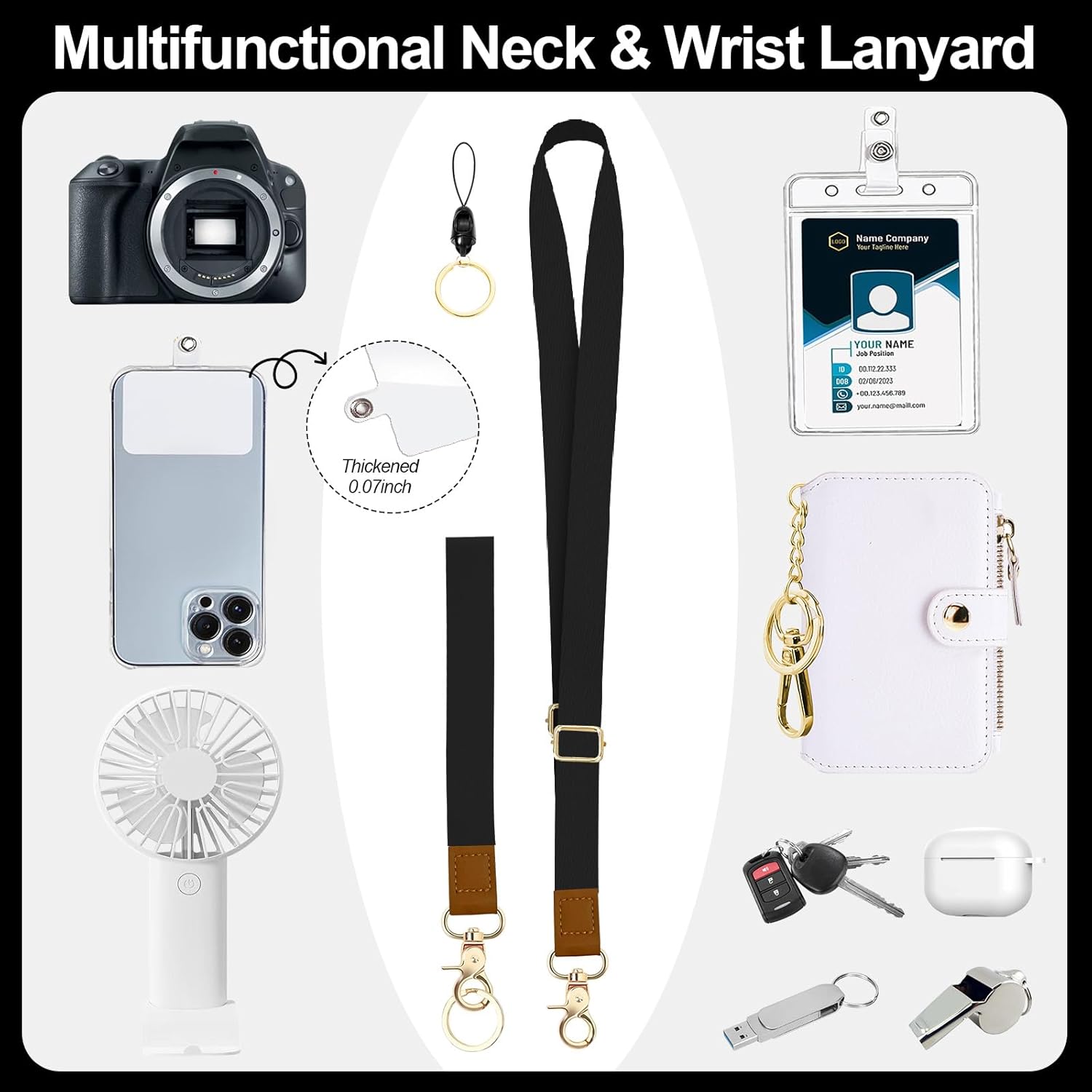 Lanyards Wallets for ID Badge Holder, ID Case with Zipper, Credit Card Holder for Women, Detachable Neck Lanyard Wrist Strap with Keychain Phone Holder for Teacher Student Gifts Black