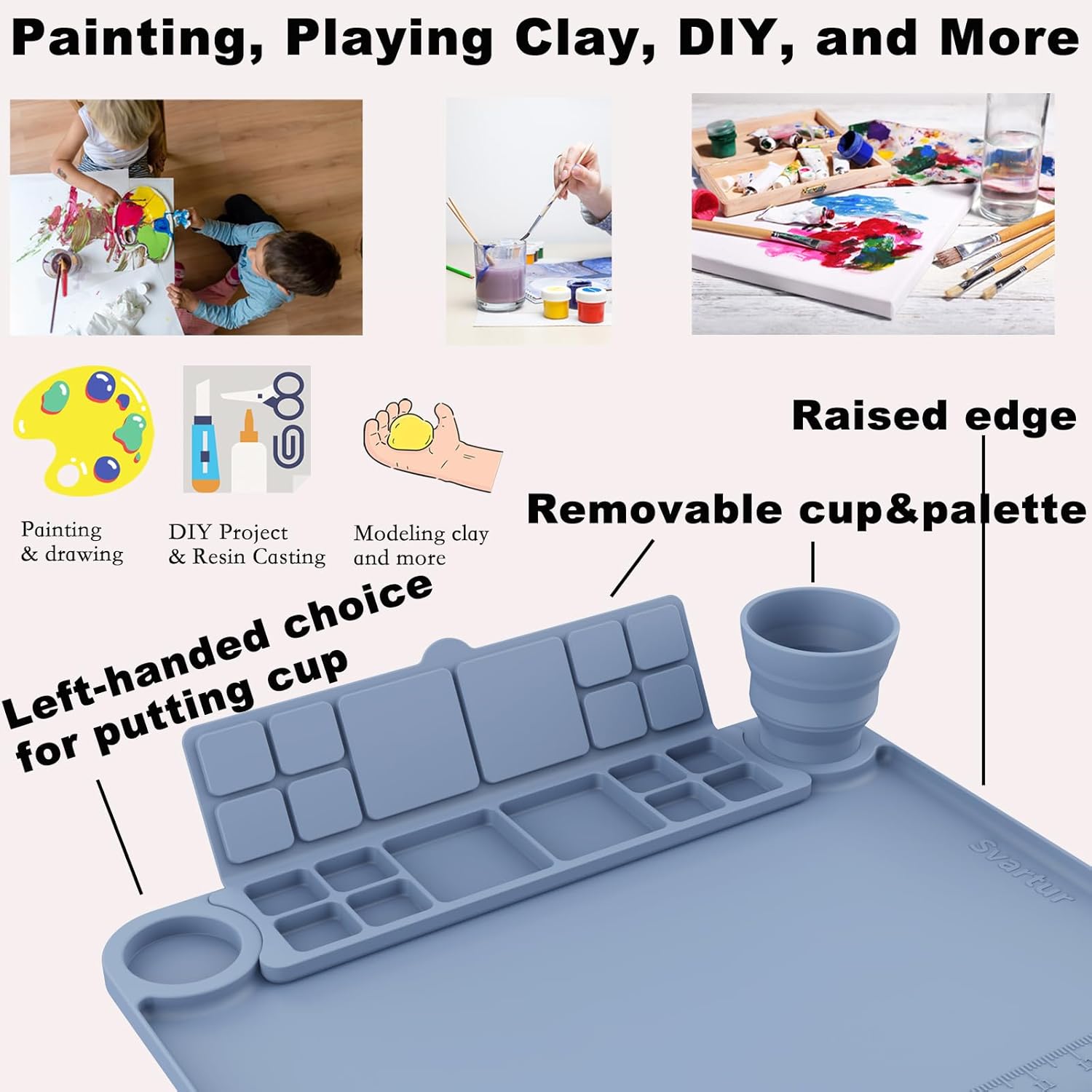 Svartur Silicone Painting Mat with Cup and Palette Detachable, 17"X13" Thick Silicone Craft Mat with Raised Edge for Artist, Painting Station Creator Mat, Gray & Coral Pink