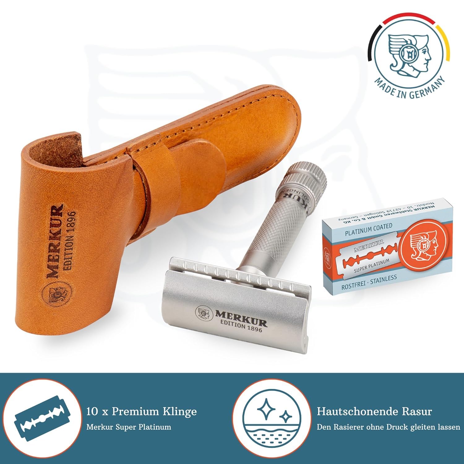 MERKUR Stainless Steel Safety Razor Set 34 INOX |Includes Premium Safety Razor, Leather Case and 10 x Platinum Blades | Satin Matt | Closed Comb | Ideal for Wet Shaving | Made in Germany
