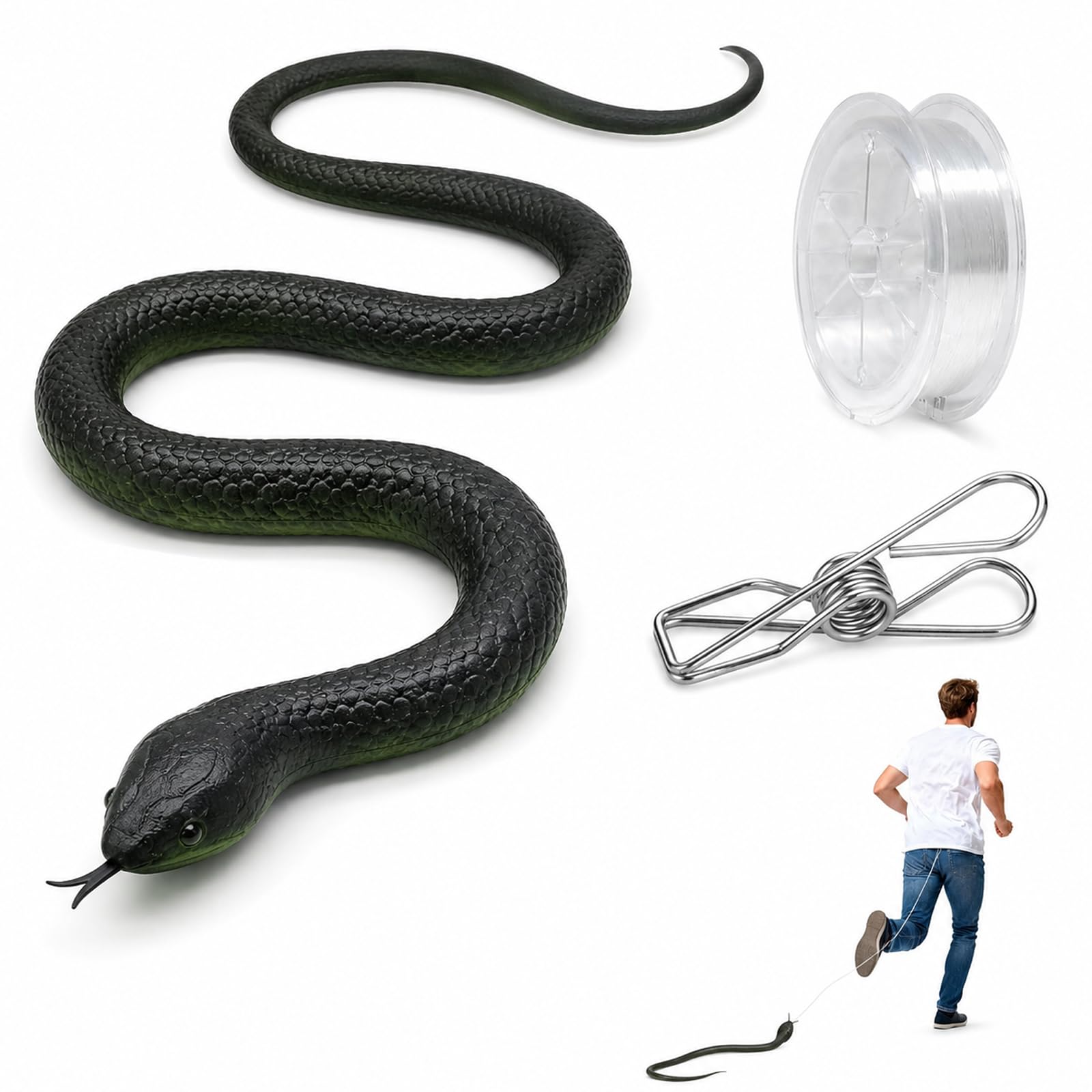 3 PCS Fake Snake 80 cm with Clip and Line Coil, Prank Set