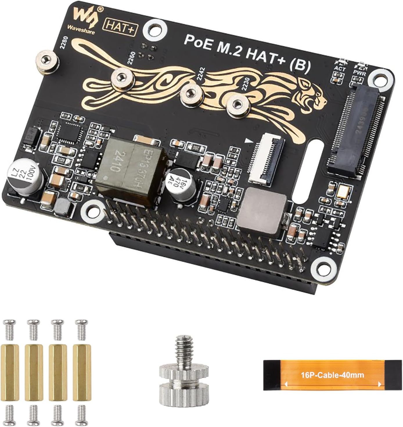PCIe to M.2 Adapter with PoE Function (B) for Raspberry Pi 5, Supports NVMe M.2 SSD (2230/2242/2260/2280), High-Speed Reading/Writing, IEEE 802.3af/at PoE HAT with Dual LED Indicators