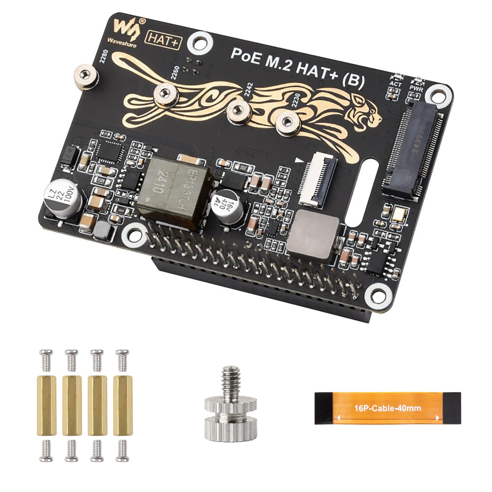 PCIe to M.2 Adapter with PoE Function (B) for Raspberry Pi 5, Supports NVMe M.2 SSD (2230/2242/2260/2280), High-Speed Reading/Writing, IEEE 802.3af/at PoE HAT with Dual LED Indicators