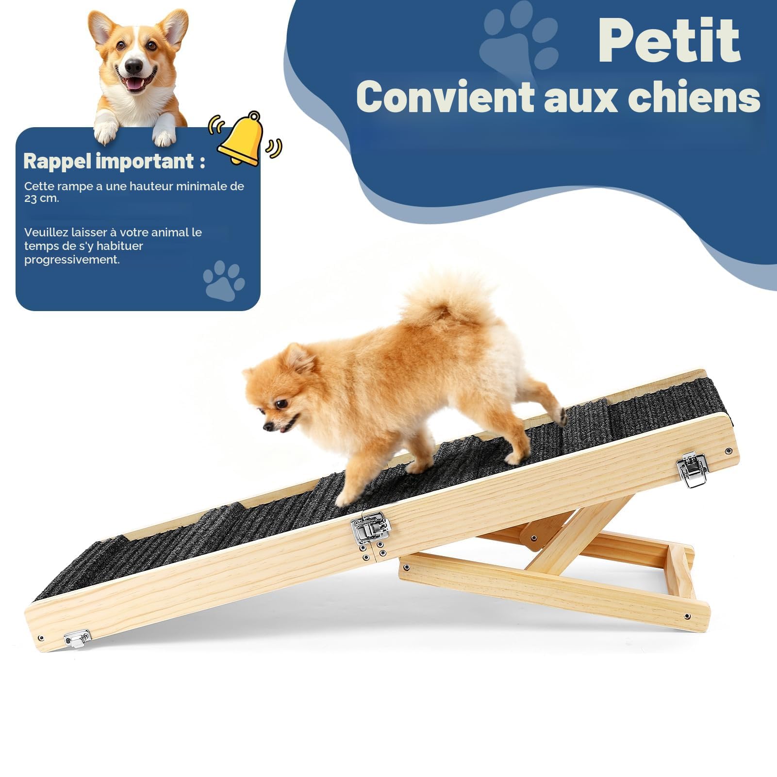 Rampe Pliable en Bois pour Chien réglable Hauteur 25-52 cm Longueur 83 cm Largeur 35 cm Antidérapante jusqu'à 15 kg