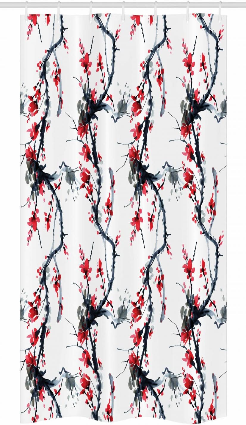 Ambesonne Asian Stall Shower Curtain, Flowers Season Classic Water Painting Style Artwork Tradition Oriental Summer Print, Fabric Bathroom Decor Set with Hooks, 36" W x 72" L, Grey Red