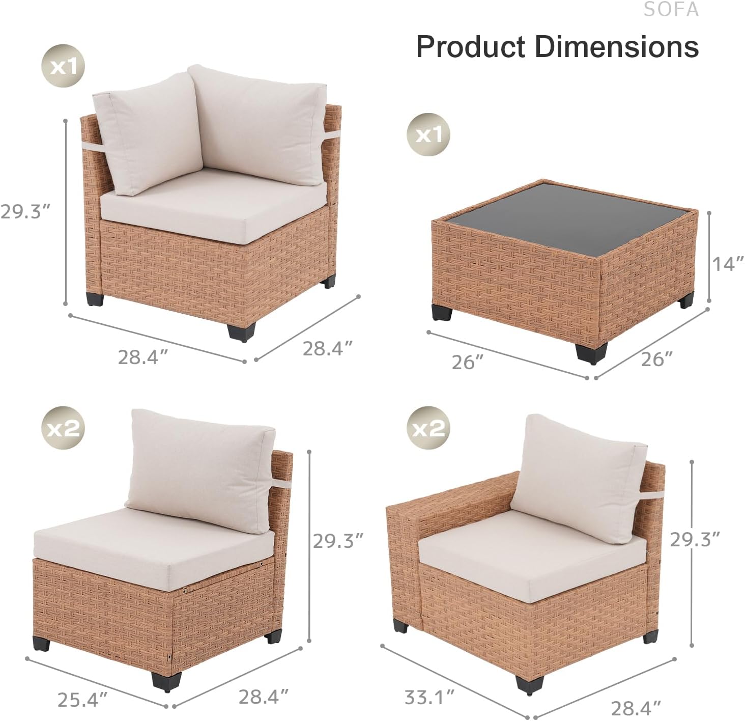 SUNSITT 6-Piece Patio Furniture Set, Outdoor Wicker Modular Sectional Sofa with 7.7-inch Wide Armrests & Thick Comfy Cushions, Glass Top Coffee Table, Rattan Conversation Set, Natural Color