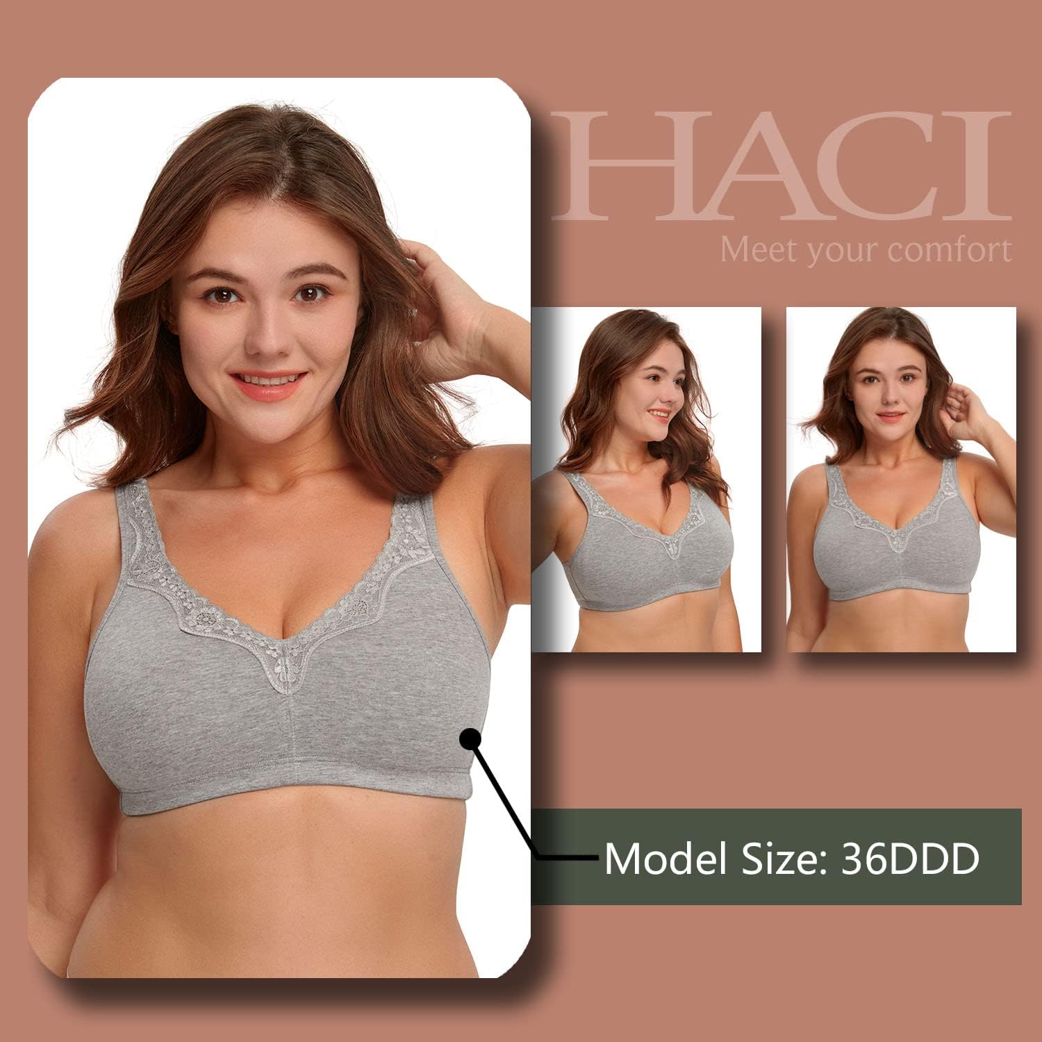 HACI Women's Comfort Cotton Bra Plus Size Everyday Non Padded Wirefree Lace Floral - Image 7