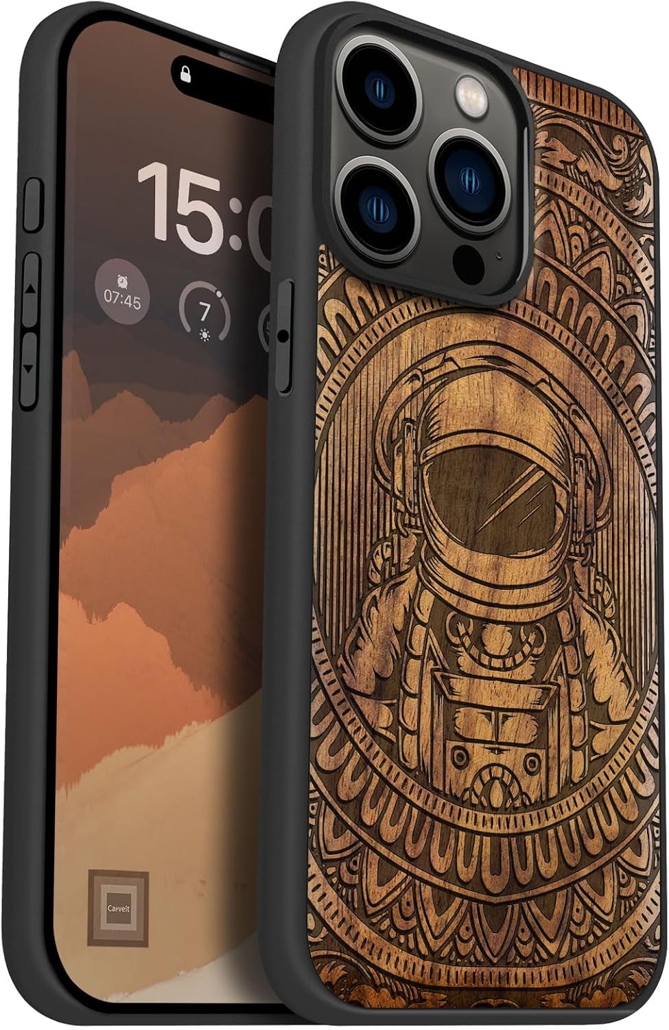 Carveit Magnetic Wooden Case for iPhone 15 Pro Max Case, Compatible with MagSafe Wireless Chargers, Black Soft TPU Shockproof Cover & Wood Artisan Engraved (Astronaut in Mandala Style) - Walnut