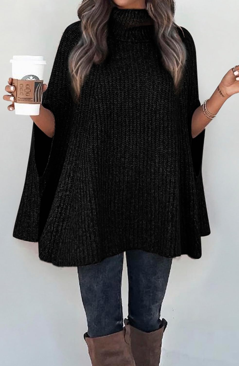 KIRUNDO Women's 2026 Fall Winter Turtleneck Poncho Sweater Fashion Chunky Knit Cape Wrap Sweaters Pullover Jumper Tops - Image 4