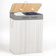 Bamboo Laundry Basket with Lid 105L Double Compartment Bathroom Storage Design SPRINGOS