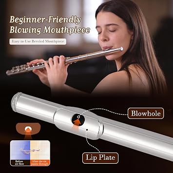 Closed Hole 16 Keys Flute, Flute for Beginner, Closed Hole Flute Instrument with Case, Stand, Gloves, Cleaning Kit & Tuning Rod | Silver/Nickel Student Flute for Kids & Adults, Complete Starter Set