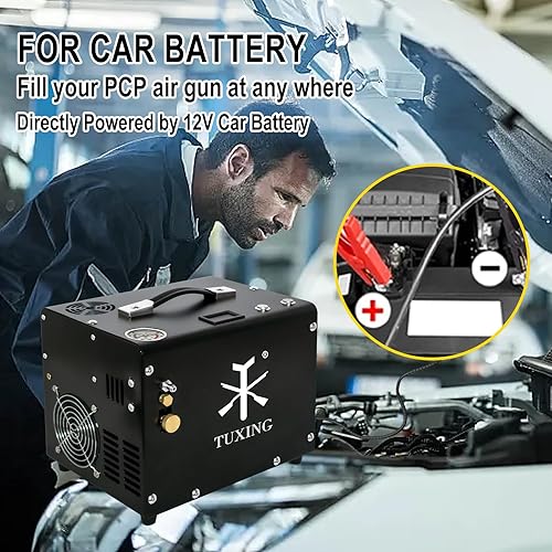 Miniatura 2 de TUXING Pcp Air Compressor,4500Psi 30Mpa,OilWater-Free,Built-in TransformerDrain System,Powered by Car 12V DC or Home 110V AC with Adapter