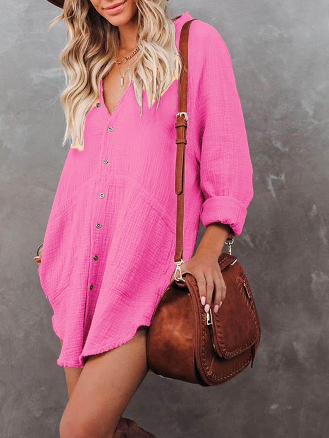 Women's Summer Long Sleeve Beach Cover-ups Casual Button Down Dresses Shirt Oversized Tunic Dress with Pocket - Image 5