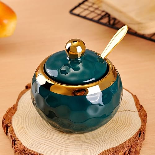 Miniatura 10 de WHJY Azucarero de cerámica con tapa y cuchara, recipiente de sal de porcelana transparente blanca simple, recipiente de sal, caja de especias