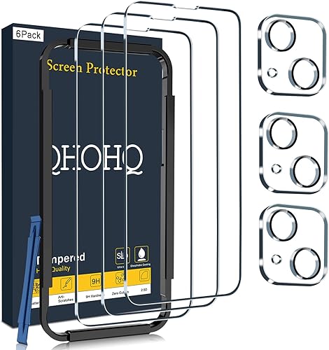QHOHQ Paquete de 3 protectores de pantalla para iPhone 14 Plus de 6.7 pulgadas con paquete de 3 protectores de lente de cámara de vidrio templado,