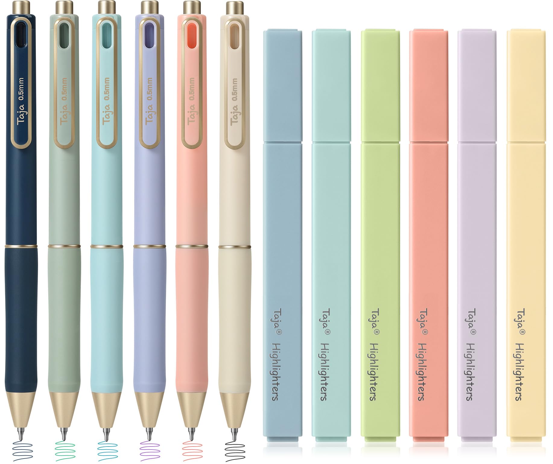 Taja Ästhetische Textmarker und Gelstifte, 6 pastellfreie Textmarker und 6 mehrfarbige Tintenstifte für Bibelstudium, Journaling, Schule und Bürobedarf, 12 Stück