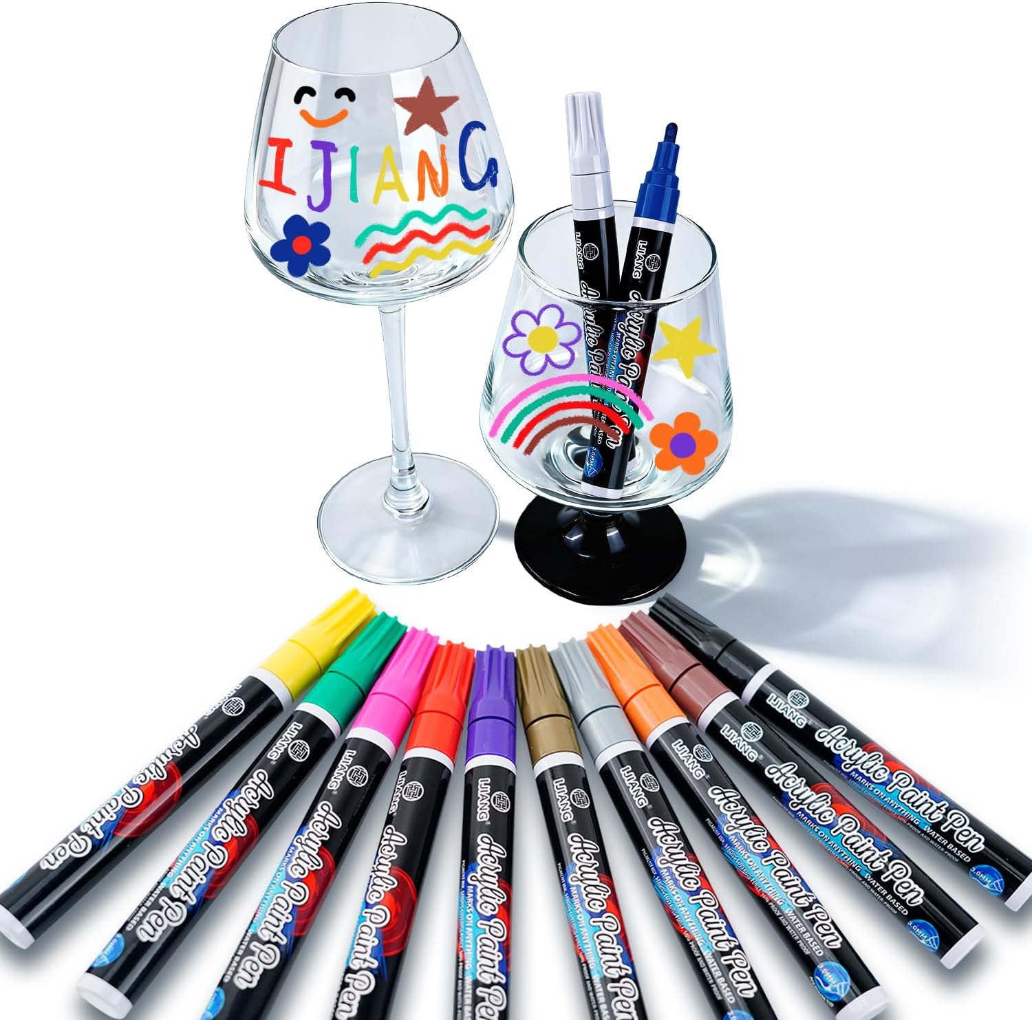 IJIANG Wine Glass Markers 12 Pcs, 3mm Tip, Non-Toxic Window Markers for Glass Washable, Wine Markers for Parties, Weddings, and Ceramic Bowls