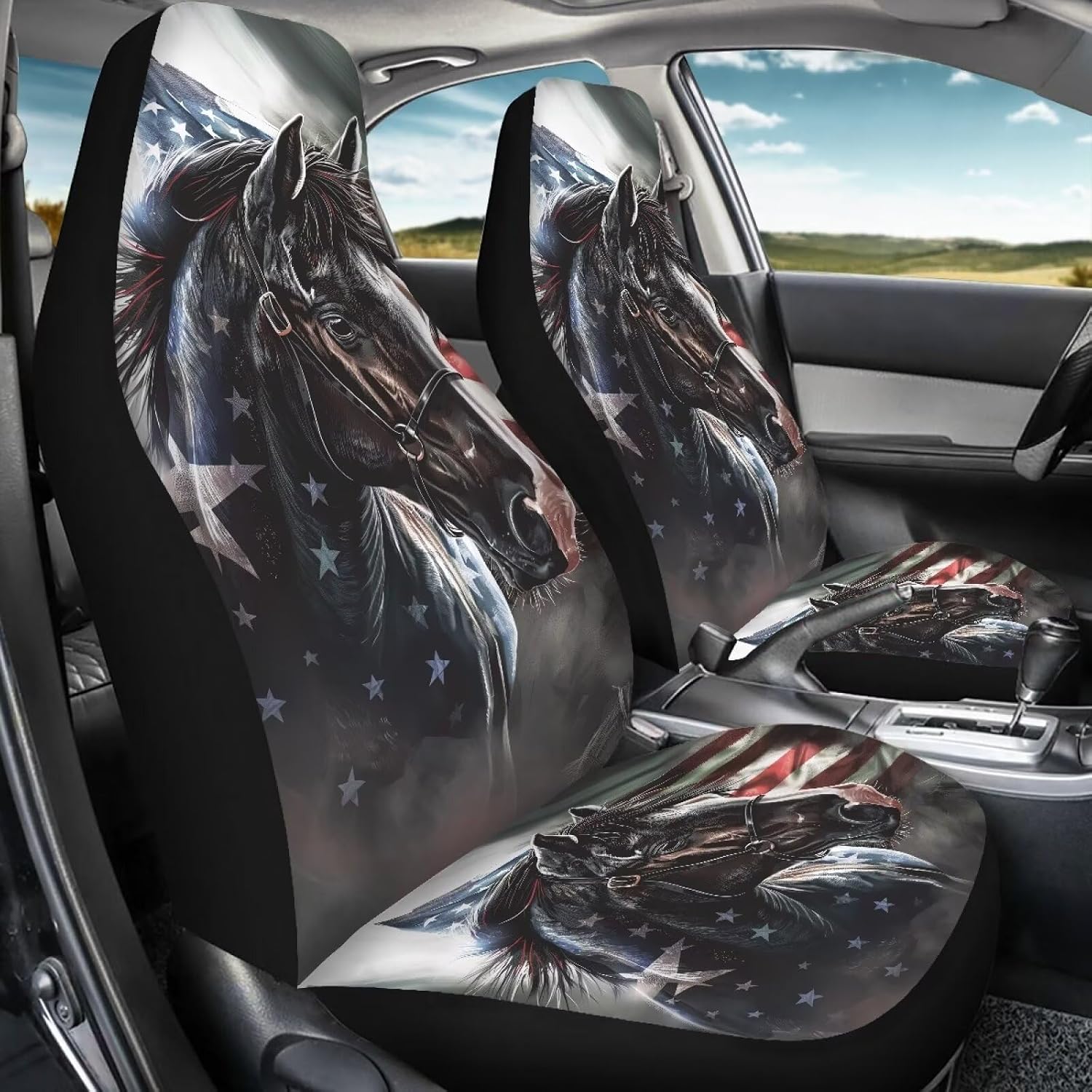 Bulopur Flag Horse 2pcs Car Front Seat Covers Protectors, Anti-Slip Seat Cover with, Interior Decor Car Accessories, Universal Fit for Car SUV Trucks
