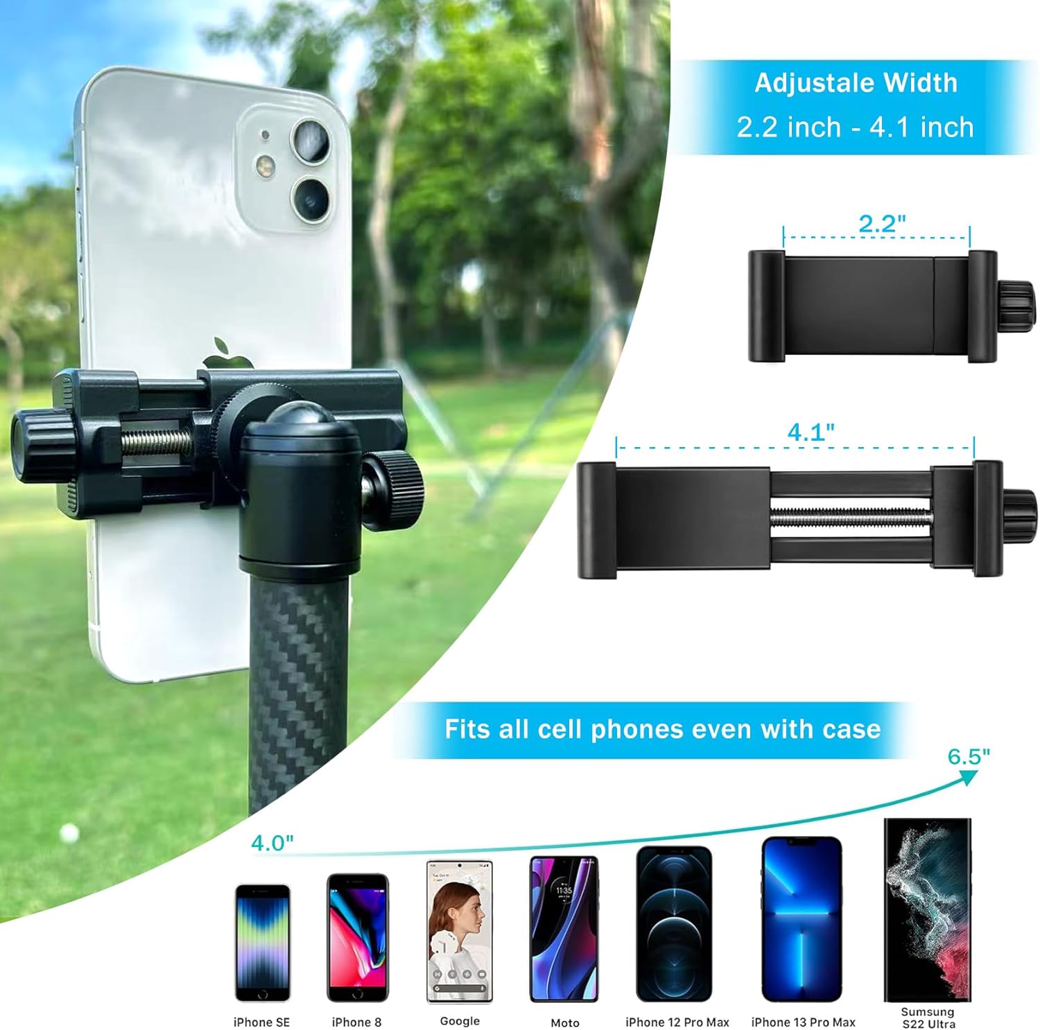 Carbon Fiber Golf Swing Recorder Monopod - Ultra Lightweight with MagSafe Magnetic Holder - Adjustable 32-55" Height - Ground Spike - Training Aid for iPhone Android