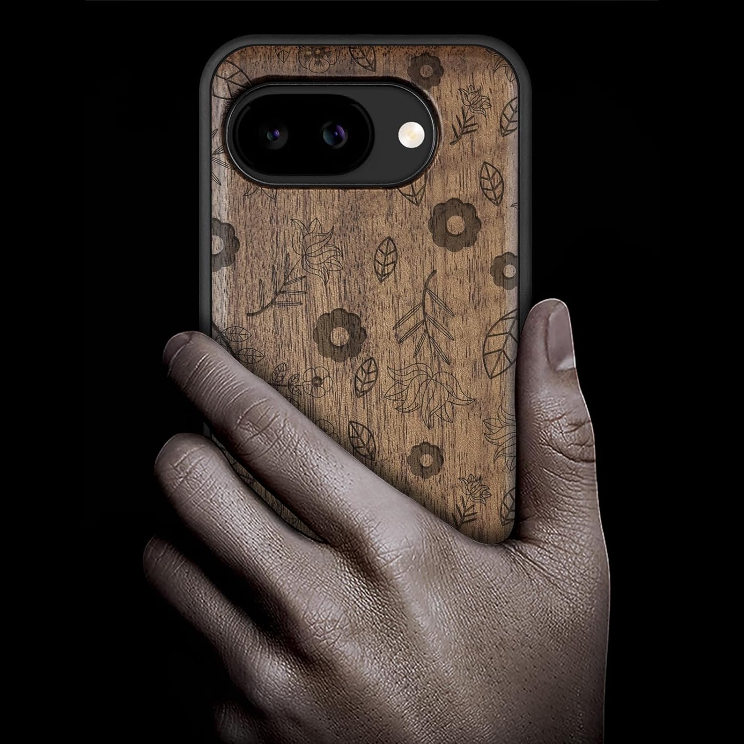 Carveit Magnetic Wooden Case for Google Pixel 10a Case, Wood Artisan Engraved & Soft TPU Shockproof Cover, Compatible with MagSafe Wireless Chargers (Bountiful Blooms) Walnut
