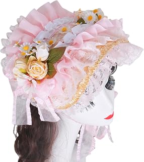 XANHOY Gorro de paja con diseño de encaje victoriano para mujer con ribete de volantes y flores de rosa para fiesta de cóctel y evento de cosplay, color rosa