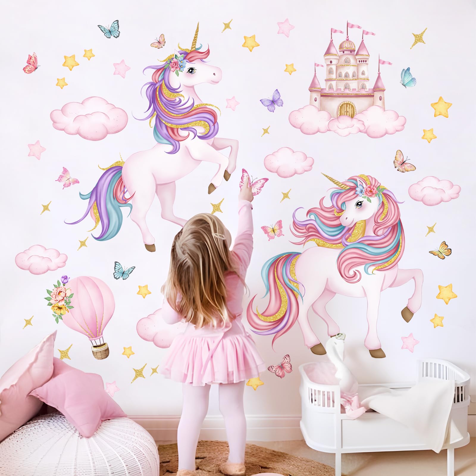 Tanlaby Einhorn Wandtattoo Schloss Wolken Wandaufkleber Pony Schmetterling Wandsticker Kinderzimmer Mädchen Märchenhaft Deko für Mädchenzimmer Babyzimmer Schlafzimmer Wohnzimmer