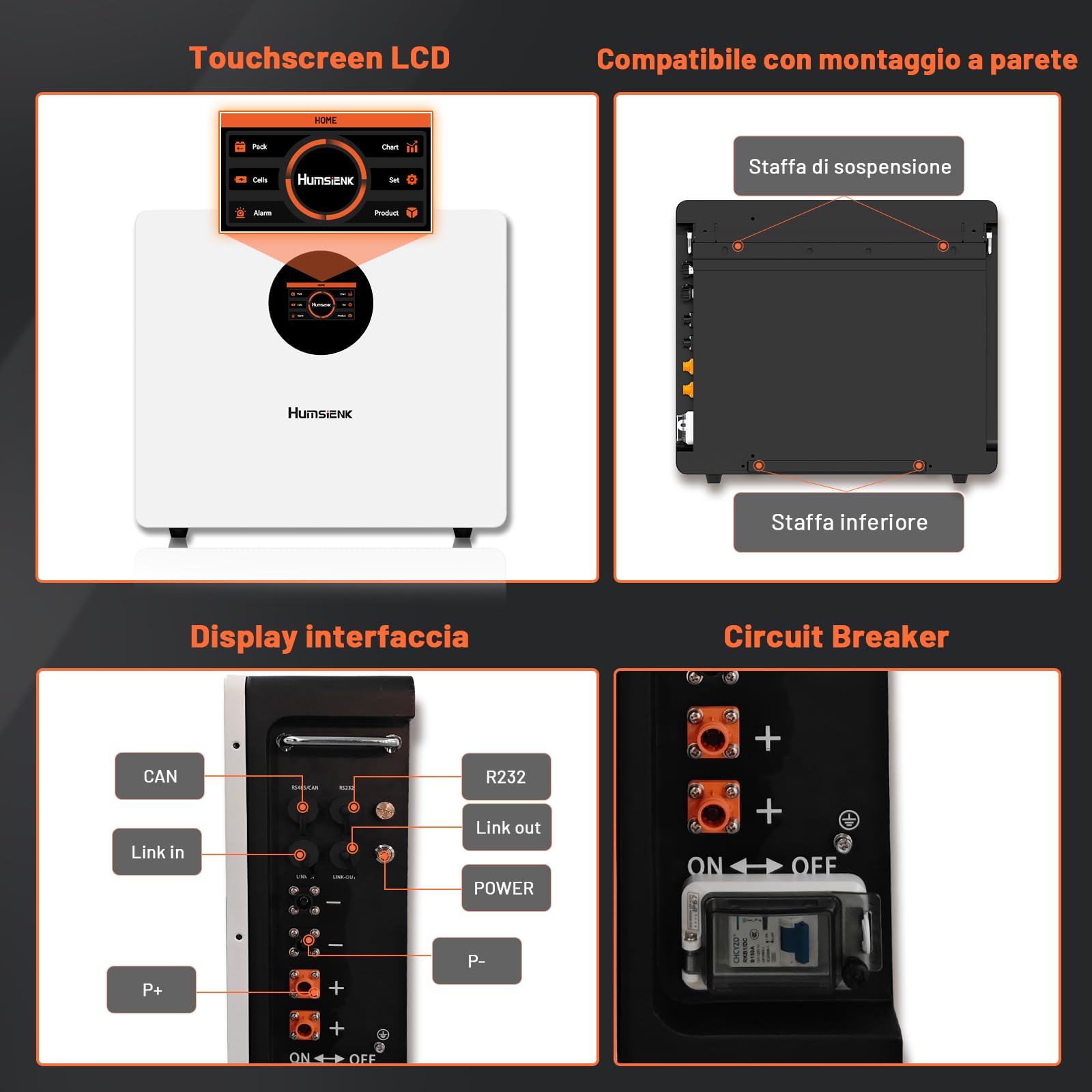 Humsienk Bluetooth Batteria LiFePO4 48V 100Ah da parete con BMS 100A e display LCD, 5120Wh batteria accumulo fotovoltaico oltre 15000 cicli e 10 anni di vita, per sistema solare, energia di riserva