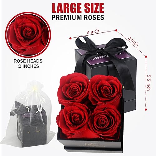 Miniatura 3 de Eternal Love Rosas preservadas en una caja, 4 rosas rojas perfumadas en caja cuadrada negra, rosas reales de larga duración, regalo único para