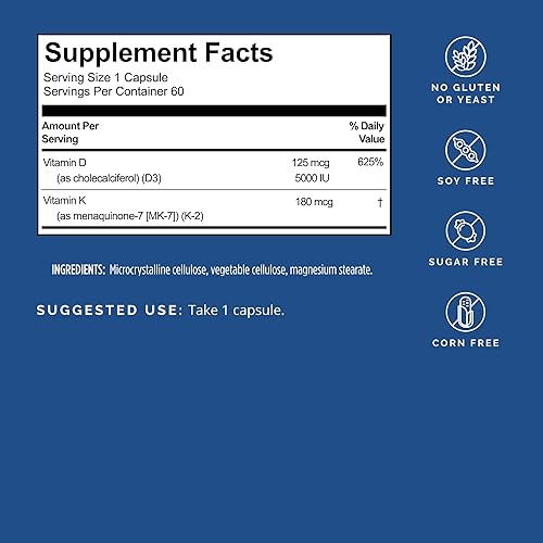 Miniatura 2 de BRAINMD Vitamina D3 + K2-60 Cápsulas - Apoyo sinérgico para huesos y cognición saludables - Sin gluten - 60 porciones