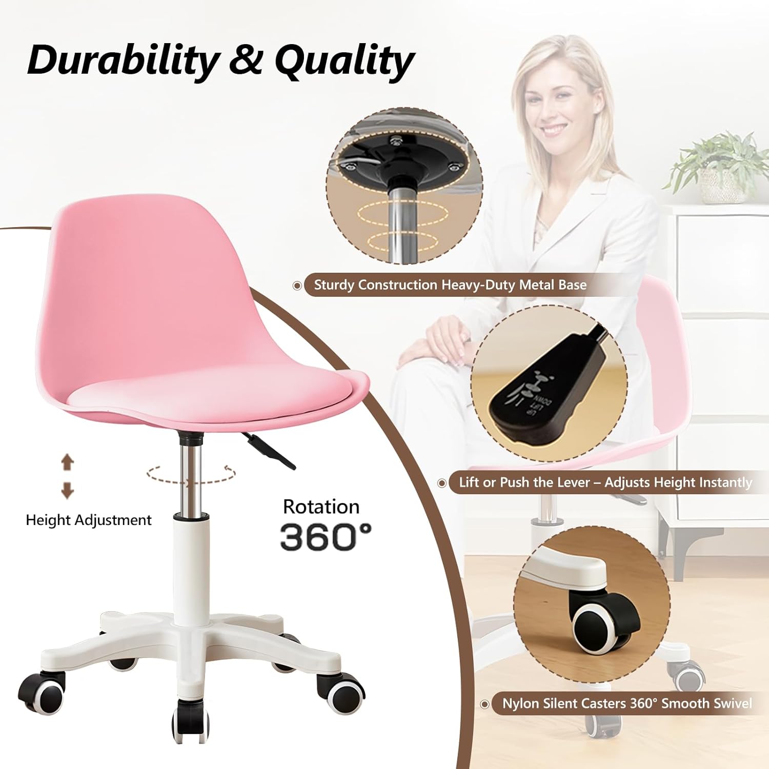 JPBSTO Small Desk Chair Cute, Swivel Armless Task Vanity Chair with Soft Padded Cushion, Plastic Height Adjustable Home Office Chairs for Teens Girls, Kids, Study Room