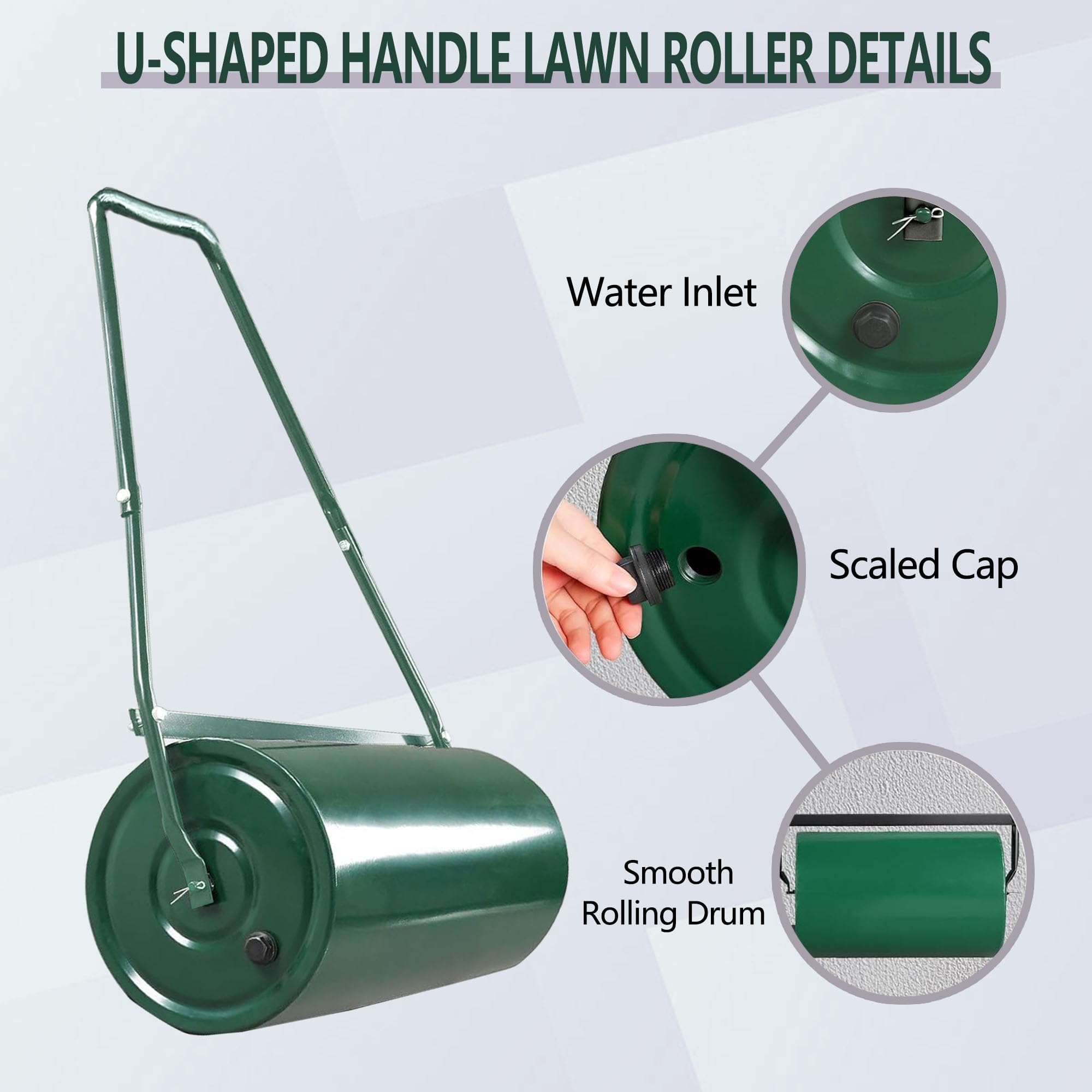 9.5 Galones de Rodillo de césped Trasero de Remolque | Tambor de jardín rellenable de Agua/Arena con Mango en Forma de U | Mejorador de Suelo Resistente para siembra, césped y Mantenimiento de césped