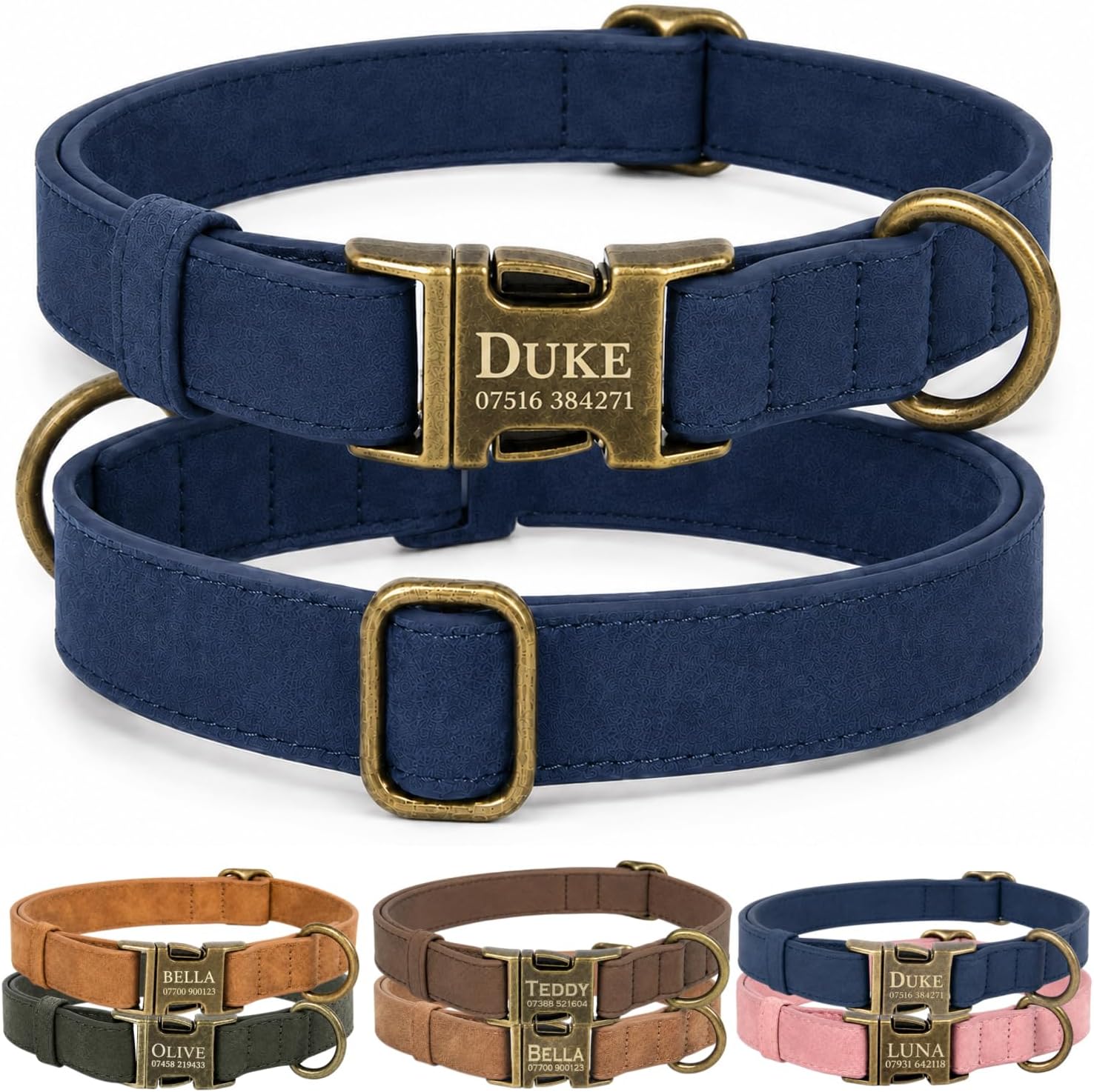 Personalised Leather Dog Collar with Name and Phone Number, Soft PU Leather Custom Dog Collar with Engraved Metal Buckle in UK, Vintage Adjustable Collar for Small Medium Large Dogs