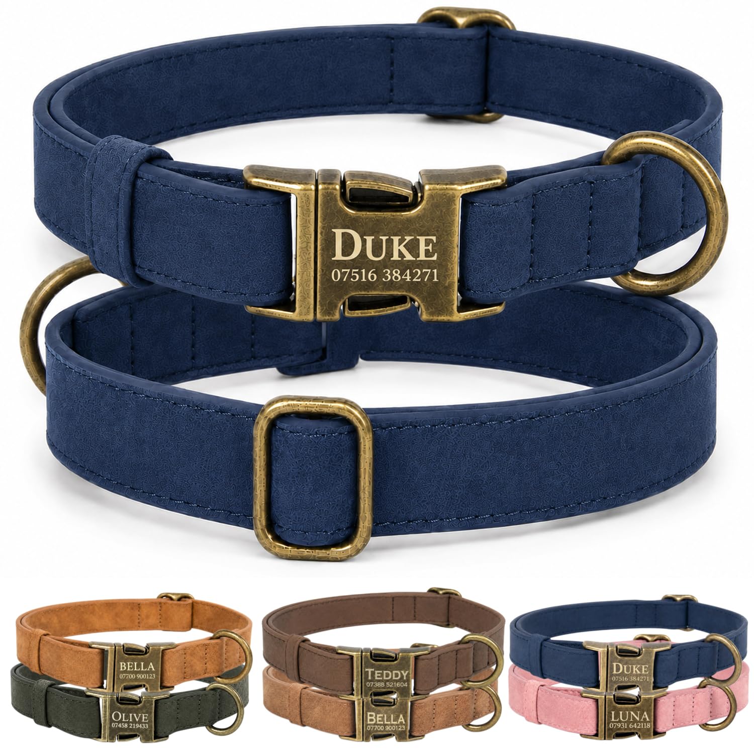 Personalised Leather Dog Collar with Name and Phone Number, Soft PU Leather Custom Dog Collar with Engraved Metal Buckle in UK, Vintage Adjustable Collar for Small Medium Large Dogs