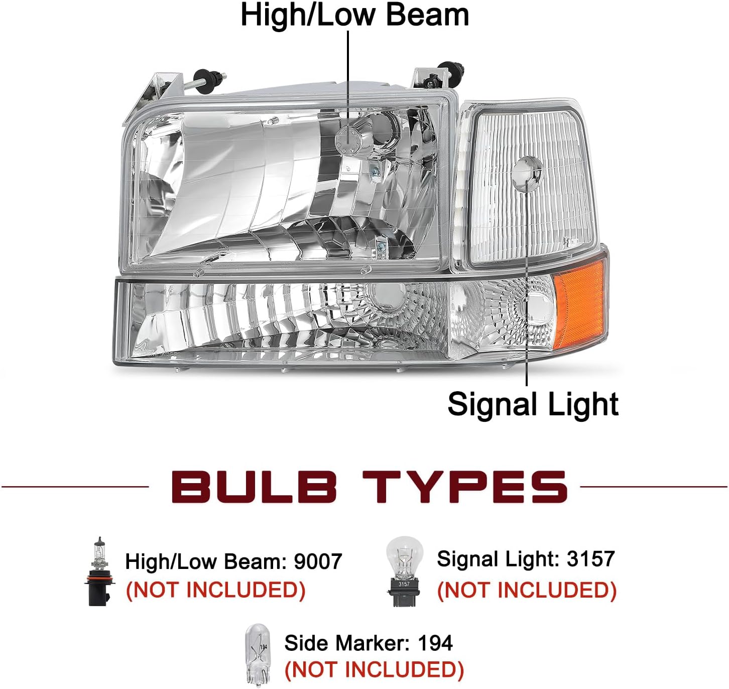 JSBOYAT 6pcs Headlight Assembly Replacement with Bumper Corner Headlamp for 1992 to 1996 Ford F150 Bronco 1992 to 1997 F250 F350 Super Duty (Chrome Housing with Amber Reflector)
