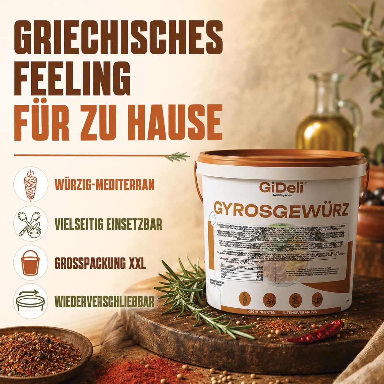 GiDeli Gyrosgewürz 10kg im Eimer - Authentische Griechische Rezeptur mit Gewürzen & Kräutern - Mediterrane Gewürzmischung & Fleischgewürz - Grob Gemahlen & Küchenfertig - Ideal für Kebab & Marinaden