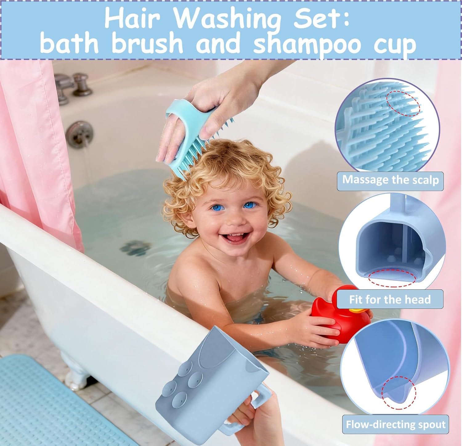 Portable Hair Washing Station,Silicone Hair Washing Basin for Toddlers,Children & Teens,Stable Sink/Bathtub Shampoo Buddy, Attached Shampoo Brush and Baby Bath Rinse Cup(Bule)