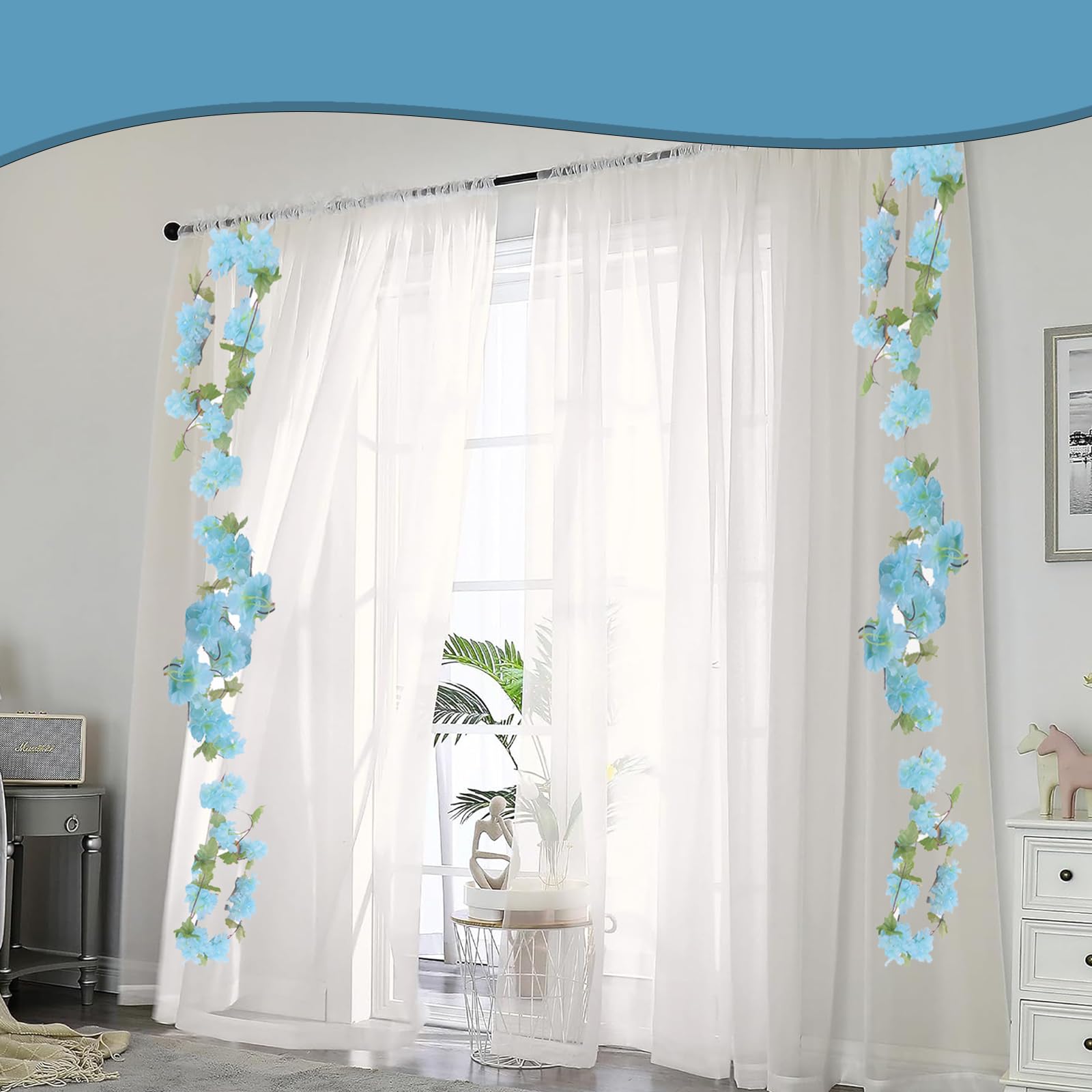 Ghirlanda Di Fiori Di Ciliegio Artificiali Blu | 2 Pezzi Da 2,4 Metri | Decorazione Primaverile Per Matrimoni - 2