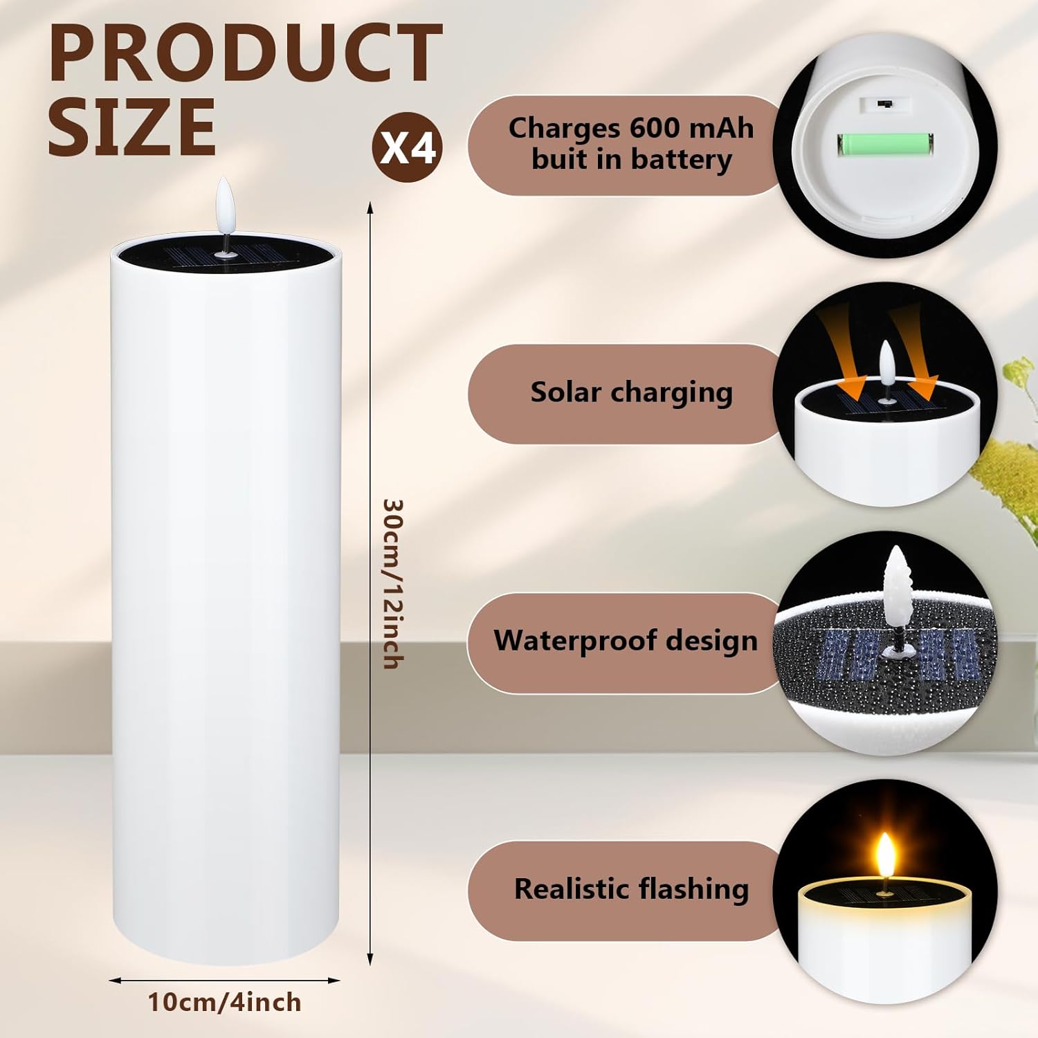 4 Pcs Large Outdoor Candles, Flameless Flickering LED Candles, Battery Operated Waterproof Candle for Wedding Centerpiece Porch Lanterns Patio Easter Decor(4"x12"/12"/12"/12")