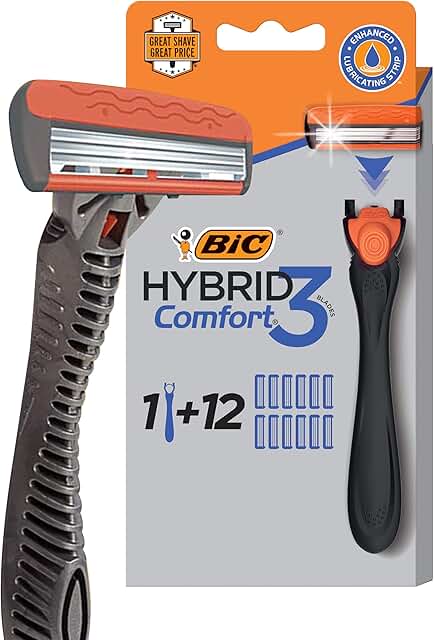 BIC Hybrid 3 Comfort Disposable Razors for Men, 1 Handle and 12 Cartridges With 3 Blades, 13 Piece Razor Kit for Men