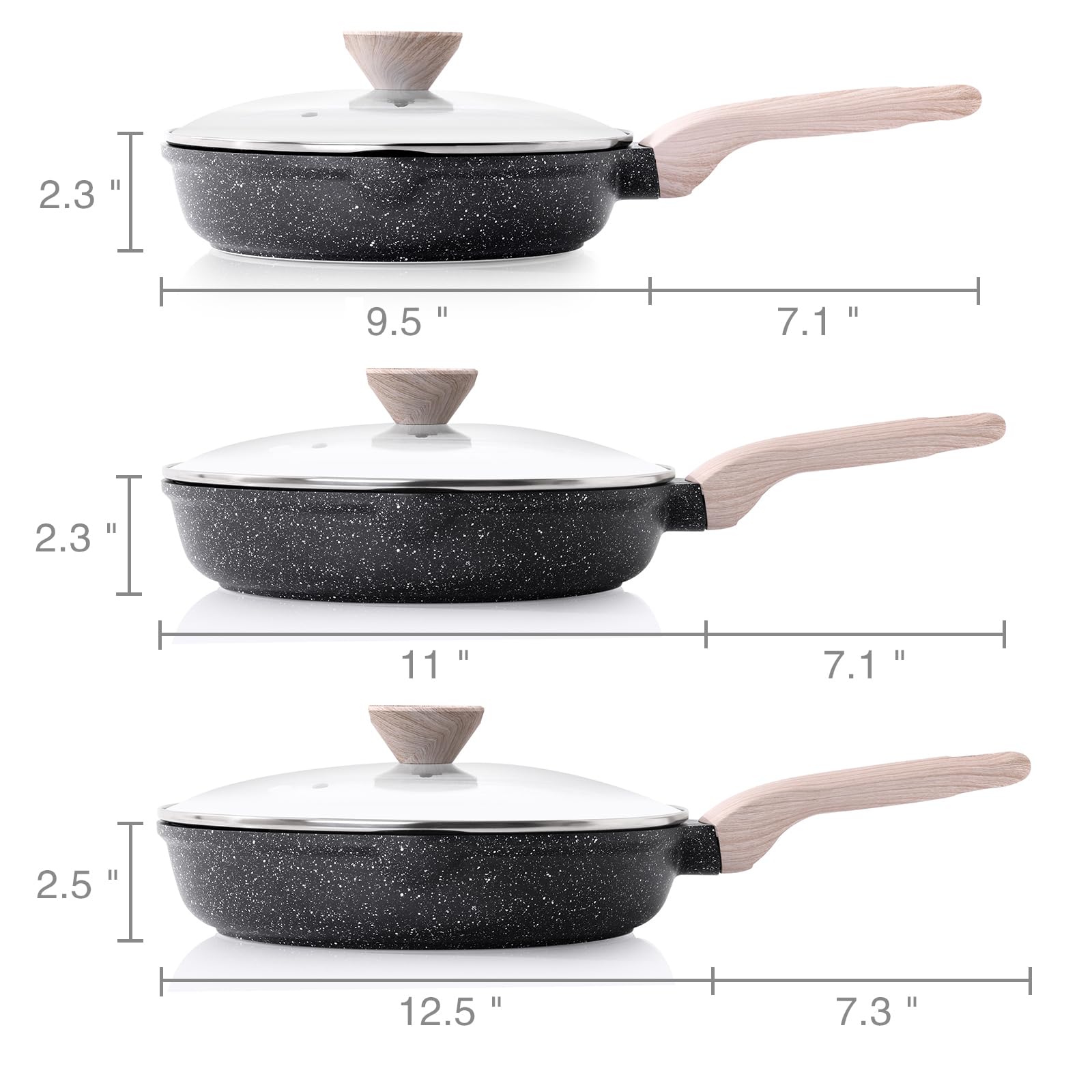 Kordisen 3-częściowy zestaw patelni nieprzywierających z pokrywką 24/28/32 cm, powłoka granitowa, patelnia indukcyjna, zdrowa i nietoksyczna, nie zawiera PFOA