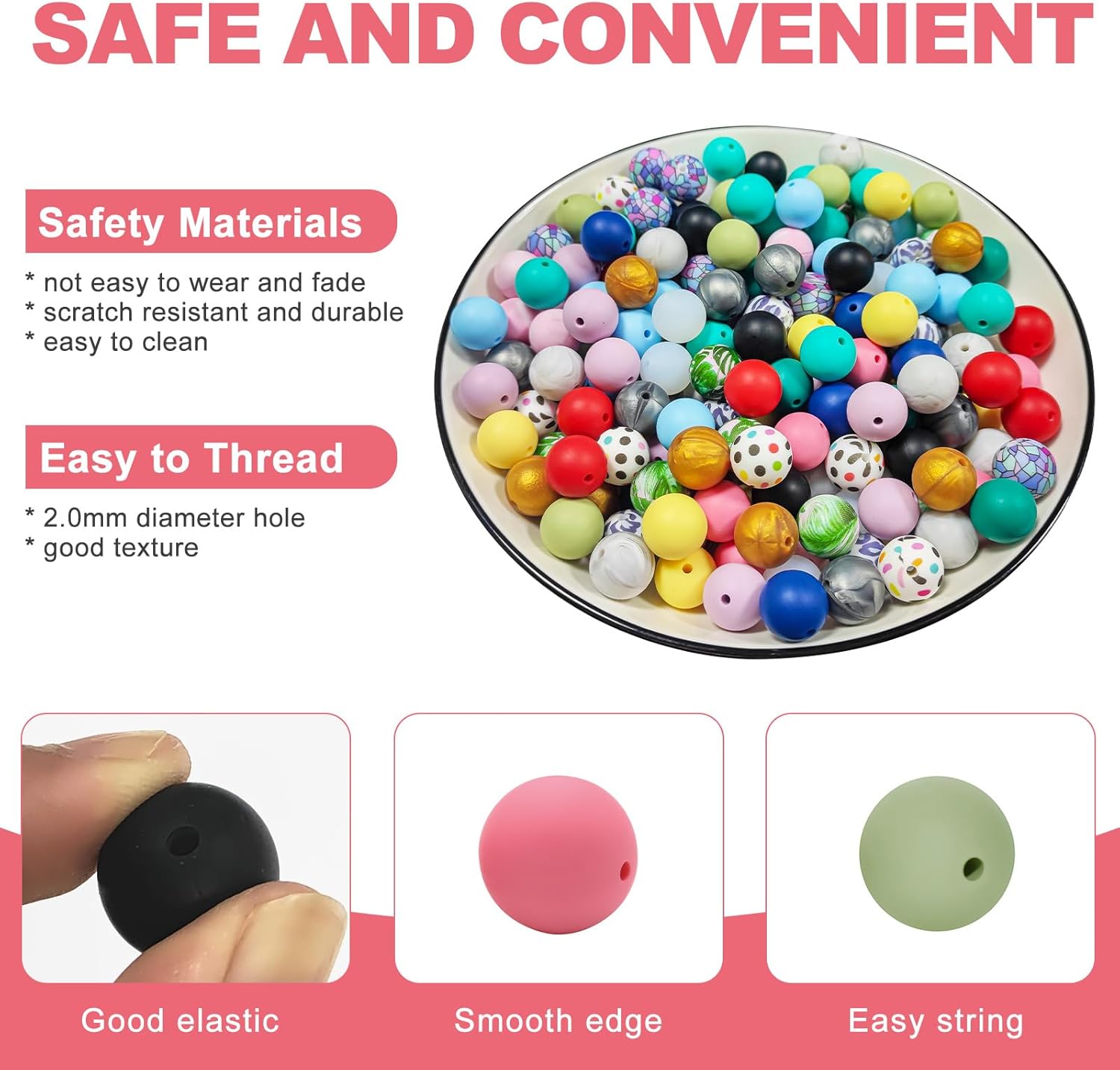 100PCS Round Silicone Beads 20 Assorted Colors & Patterns 15mm Silicone Beads Bulk Mixed Color Focal Beads for DIY Crafts Bracelet Making Keychains Pens Accessories - Image 4