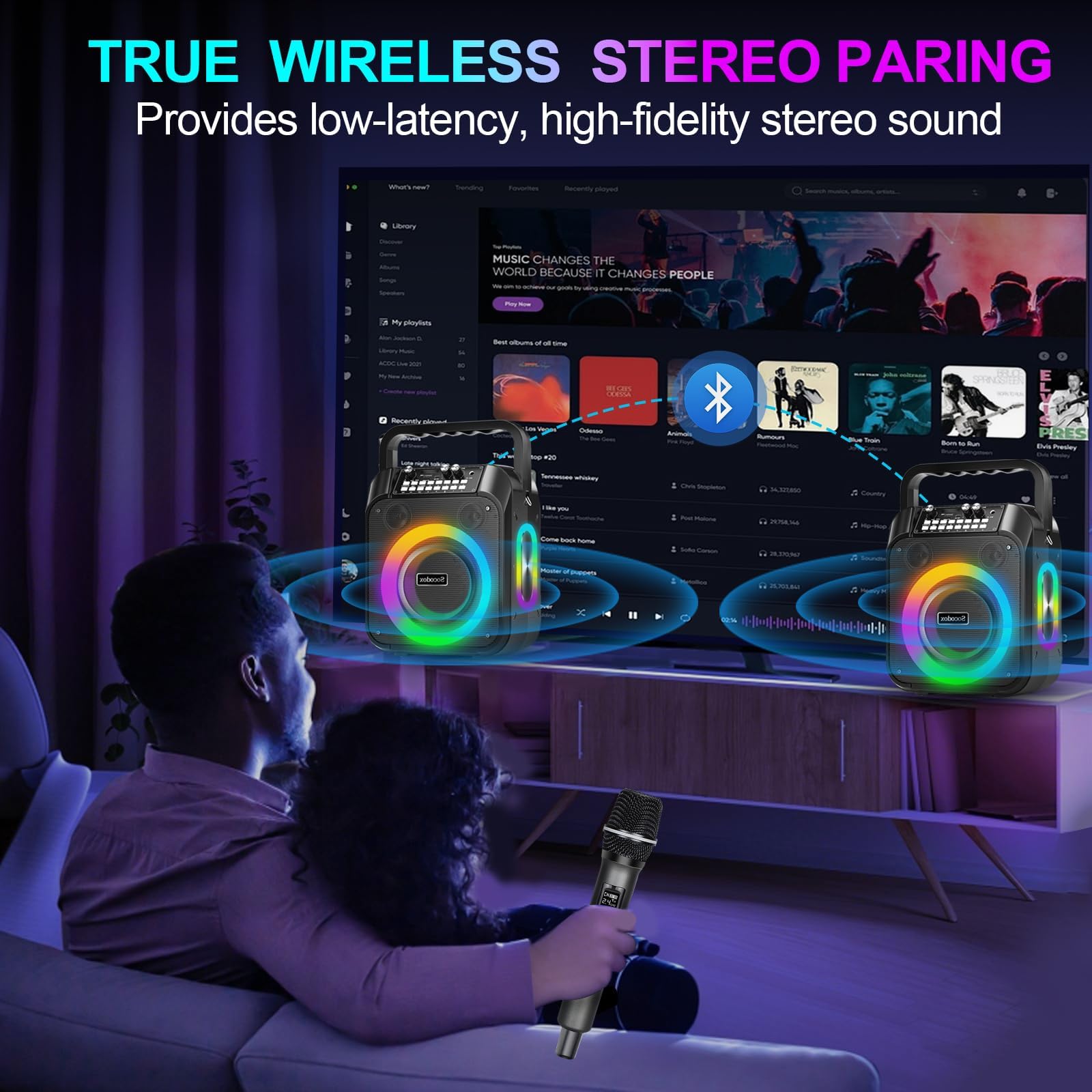 Macchina Karaoke, Altoparlante Bluetooth Portatile con 2 Microfoni Wireless, Batteria 6000mAh 8H Riproduzione,Stereo TWS,Luci RGB,Sistema PA Dual Bass Boost per Adulti,Bambini,Feste,Canto,DJ