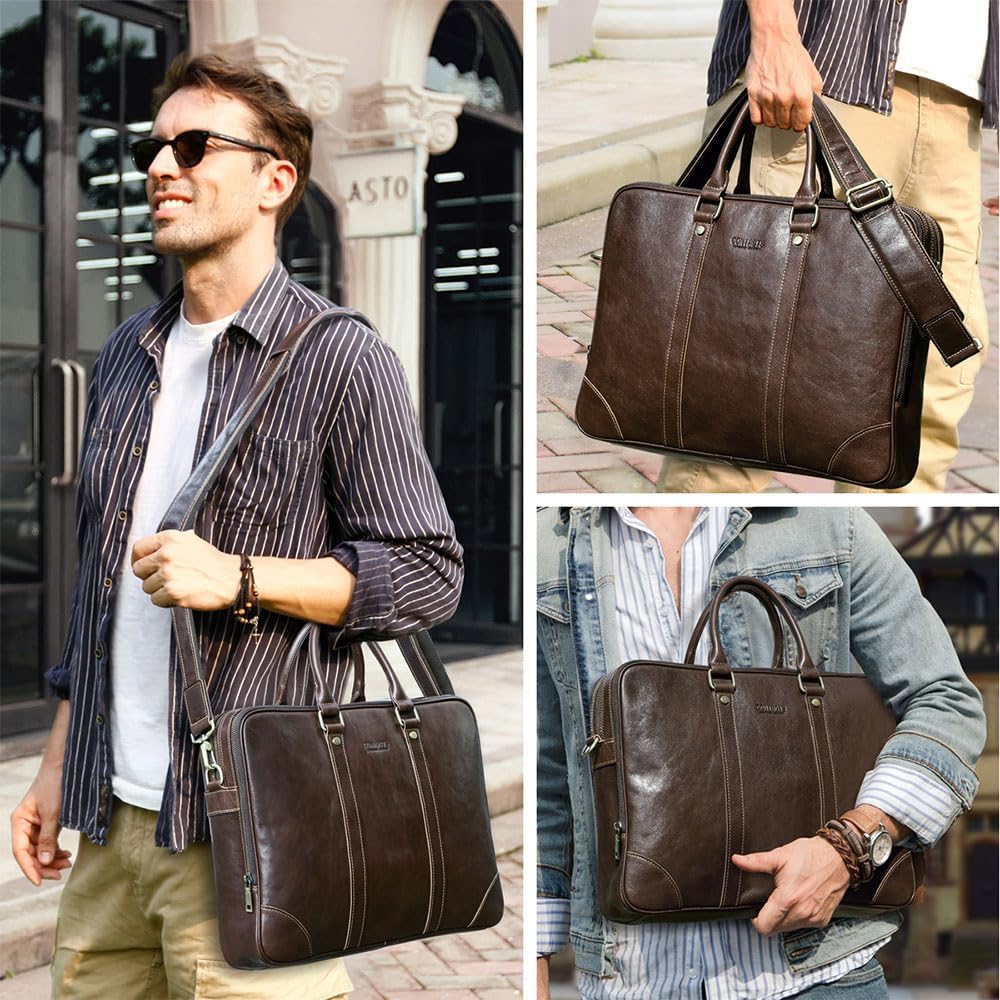 CONTACTS Luxury Leather Briefcase 16 Inch Laptop Messenger Bag for Men Large Capacity Computer Satchel Shoulder Handbag for Business Work Travel