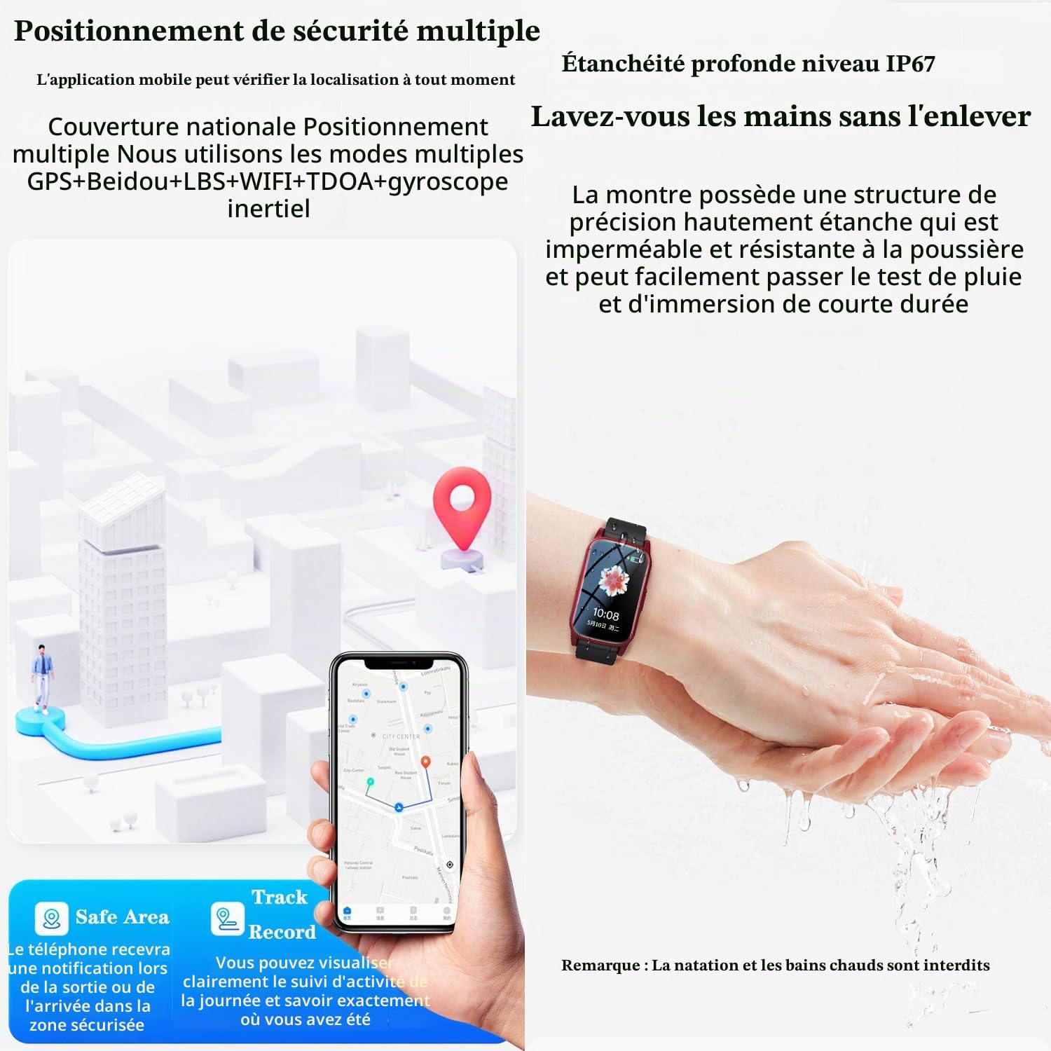 Montre Connectée avec Détecteur de Chute, Montres Intelligentes Surveillance De La Santé des Personnes Âgées, Bracelet De Positionnement GPS,Black