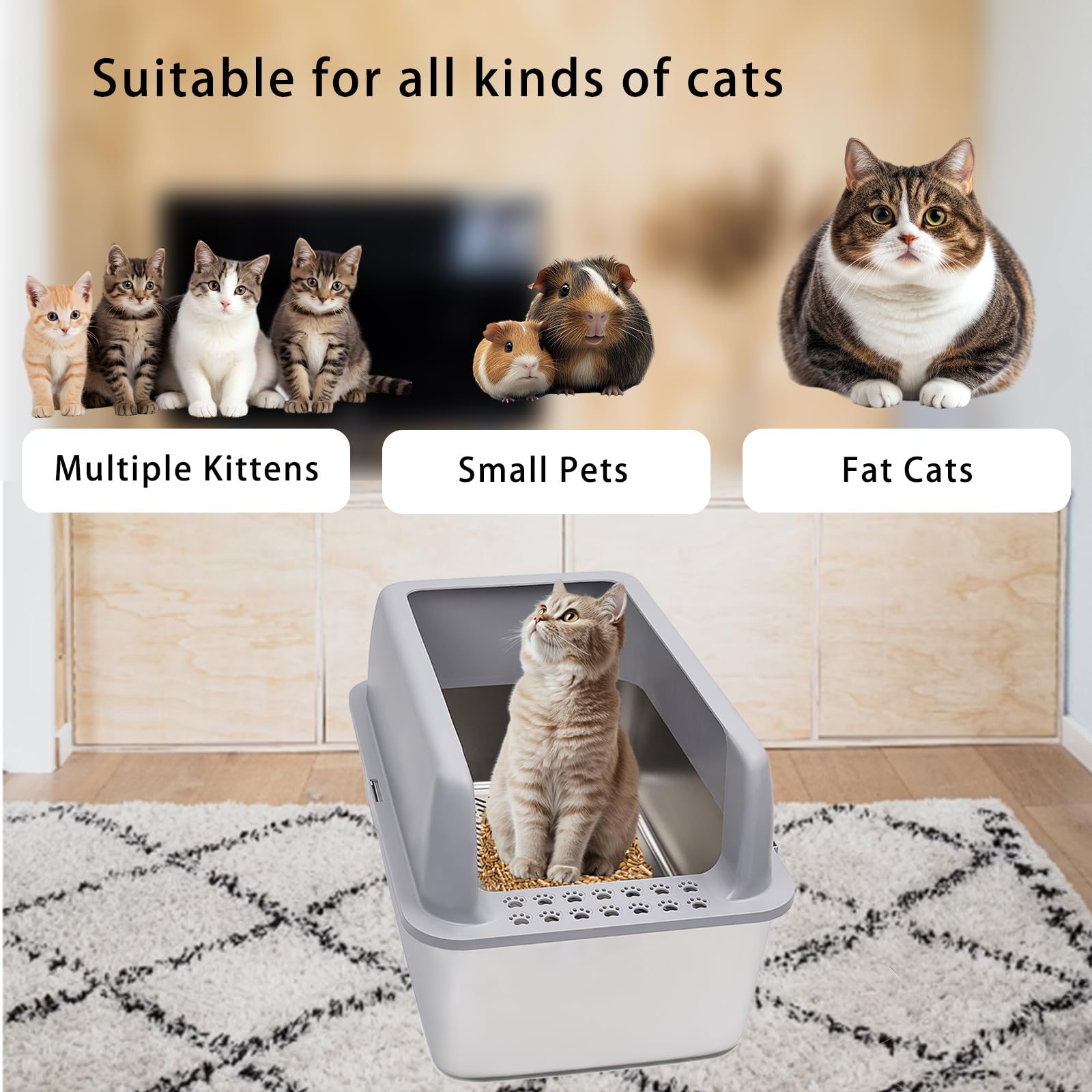Stainless Steel Sifting Cat Litter Box with Lid, XL High-Sided, Anti-Leakage, Easy Clean, 23.6