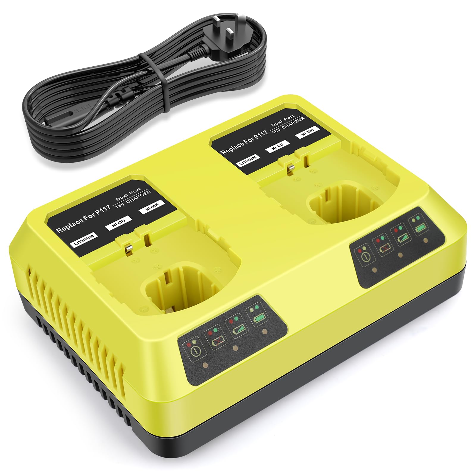 ARyee P117 Dual Ports Replacement Charger for Ryobi 12V-18V One Plus Lithium-ion/NiMh/NiCd Battery Charger, Compatible with P117 P118 P118B P119 P135 P105 P106 P107 P108 P109